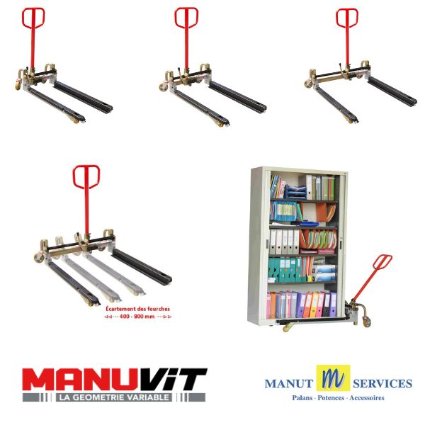 Transpalette manuel avec fourches réglables en largeur de 400 à 800 mm